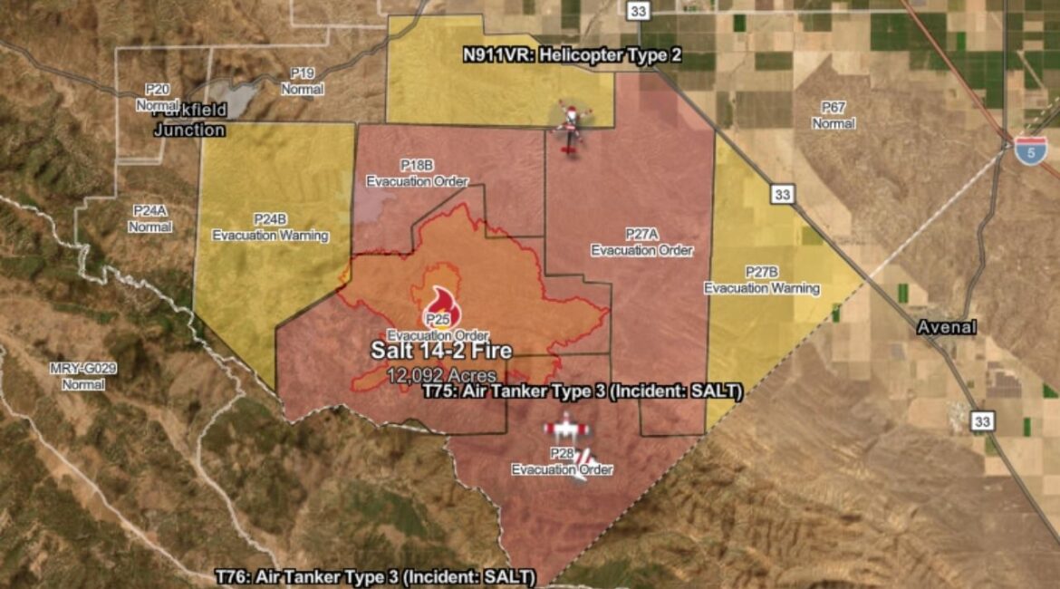 The Salt 14-2 Fire near Coalinga has burned 12,092 acres with 0% containment as of Wednesday, Sept. 3, 2025, afternoon, prompting evacuation orders and warnings as 200 firefighters and multiple air and ground resources battle the blaze. (CalFire)