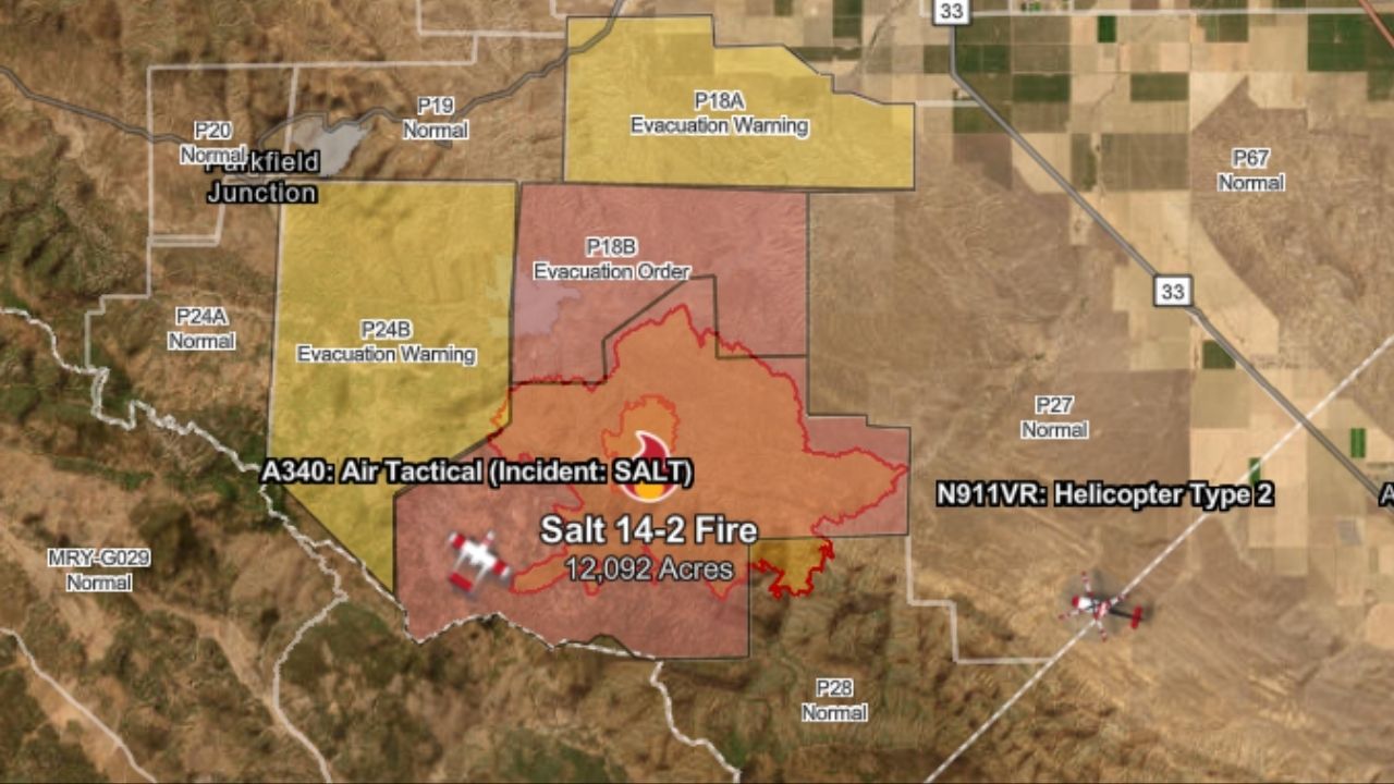 The Salt 14-2 Fire near Coalinga has burned 12,092 acres with 0% containment as of Wednesday, Sept. 3, 2025, afternoon, prompting evacuation orders and warnings as 200 firefighters and multiple air and ground resources battle the blaze. (CalFire)