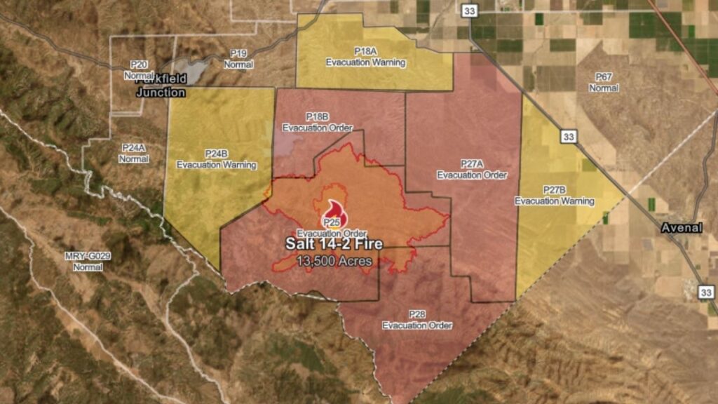 The Salt 14-2 Fire near Coalinga has burned 13,500 acres, prompted multiple evacuations, and is only 7% contained as of Thursday, Sept. 4, 2025, morning. (CalFire)