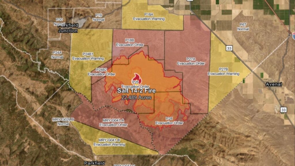 The Salt Fire near Coalinga has burned 22,489 acres, 25% contained, with evacuations and road closures as of Saturday, Sept. 6, 2025. (CalFire)