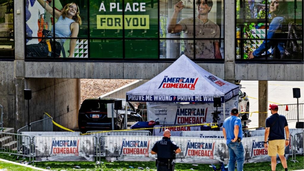 The tent where Charlie Kirk was fatally shot while speaking during an event at Utah Valley University in Orem, Utah, on Wednesday, Sept. 10, 2025. In the moments after Kirk was shot, a 71-year-old political gadfly named George Zinn yelled to police officers that he was the shooter, but he later explained that he had falsely confessed in order to help the real assassin escape, police said. (Kim Raff/The New York Times)