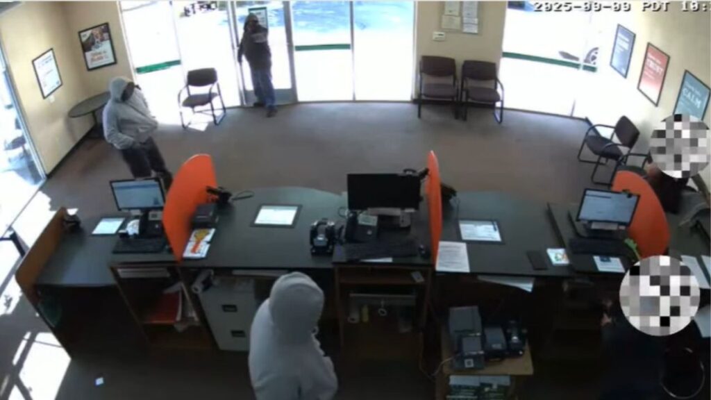 Three suspects armed with a handgun robbed a Fresno Check Into Cash location, taking over $1,700 and fleeing in a white Honda Accord with covered plates on Tuesday, Sept. 9, 2025. (Fresno PD)