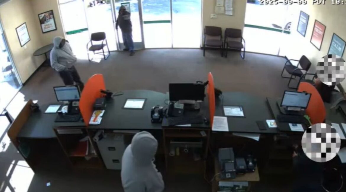 Three suspects armed with a handgun robbed a Fresno Check Into Cash location, taking over $1,700 and fleeing in a white Honda Accord with covered plates on Tuesday, Sept. 9, 2025. (Fresno PD)