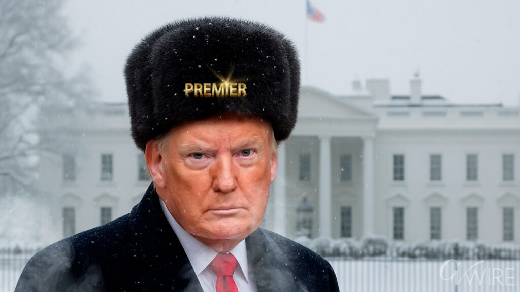 Donald Trump wearing a Premier Russian Fur Cossack Hat in a cold winter setting outside the White House in Washington DC