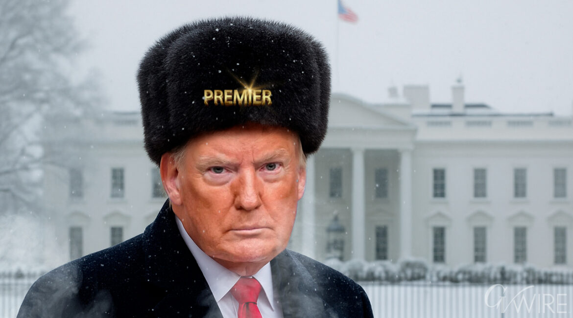 Donald Trump wearing a Premier Russian Fur Cossack Hat in a cold winter setting outside the White House in Washington DC