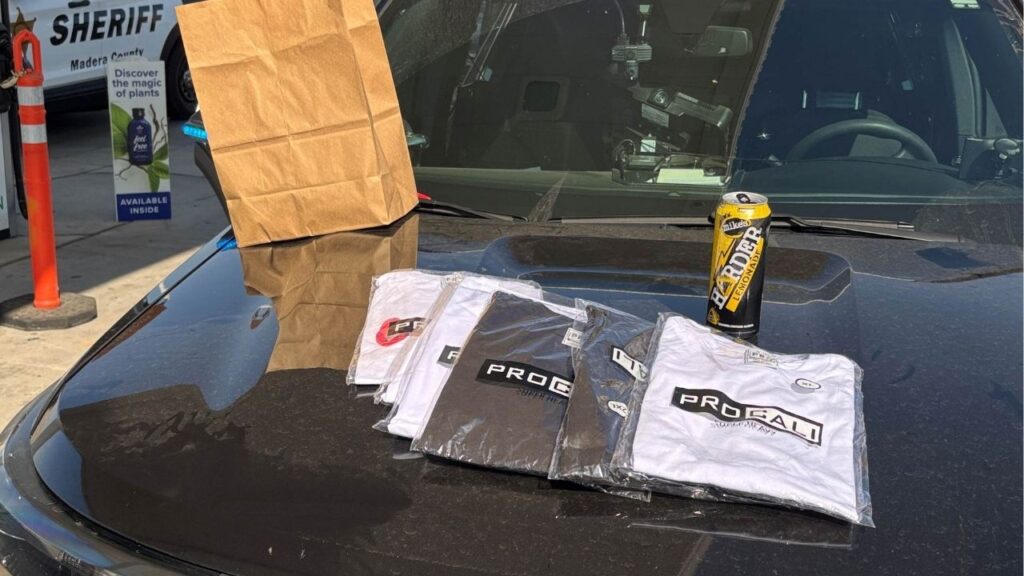 Two people were arrested on Tuesday, Sept. 30, 2025, and stolen merchandise was recovered after a theft at a Madera County gas station, sheriff’s officials said. (Madera County SO)