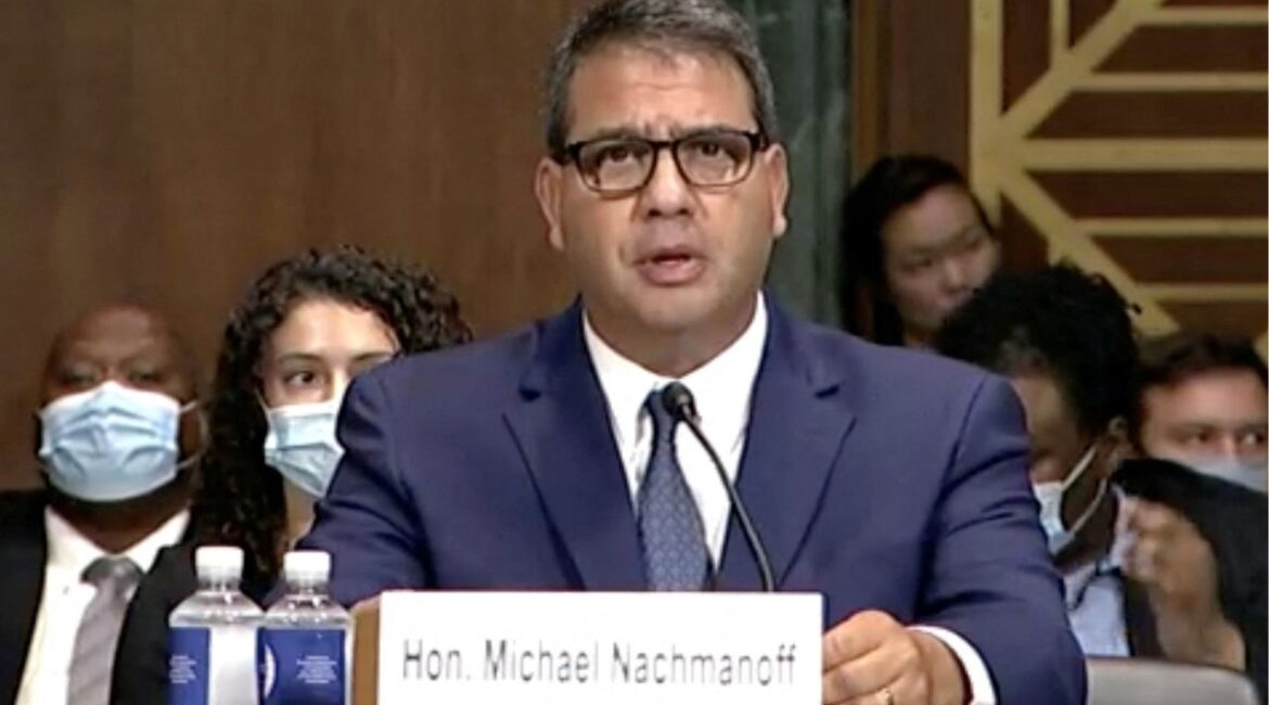 U.S. District Judge Michael Nachmanoff testifies during a Senate Judiciary Committee nomination hearing on Capitol Hill in Washington, D.C., U.S., July 28, 2021 in this frame grab. (Reuters File)