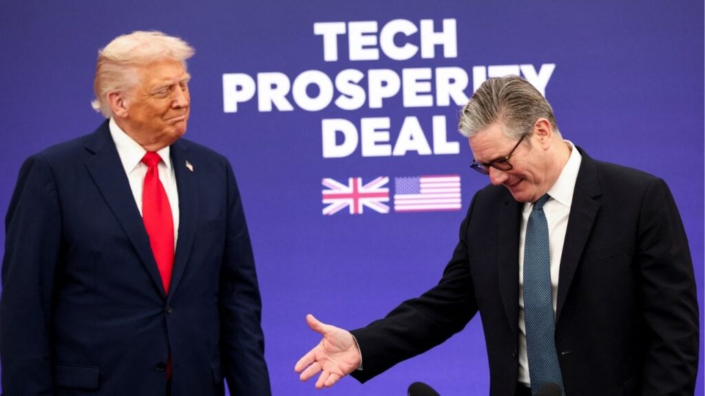 U.S. President Donald Trump and British Prime Minister Keir Starmer participate in a business leaders reception on Tech Prosperity Deal, at Chequers, near Aylesbury, Britain, September 18, 2025. (Reuters/Kevin Lamarque)