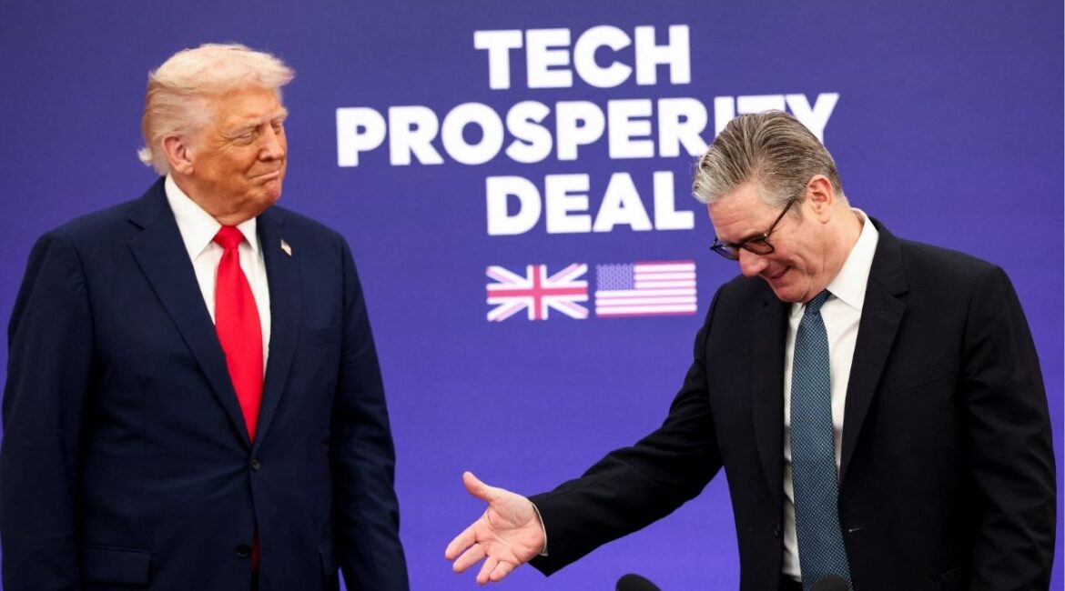 U.S. President Donald Trump and British Prime Minister Keir Starmer participate in a business leaders reception on Tech Prosperity Deal, at Chequers, near Aylesbury, Britain, September 18, 2025. (Reuters/Kevin Lamarque)
