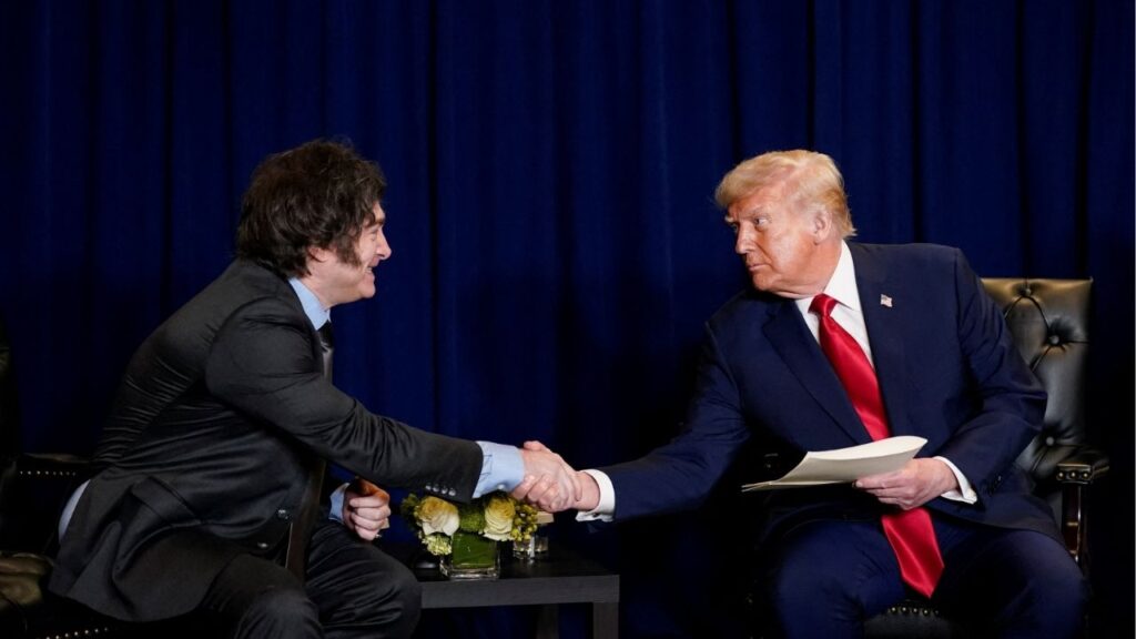 U.S. President Donald Trump shakes hands with Argentina's President Javier Milei during the 80th United Nations General Assembly, in New York City, New York, U.S., September 23, 2025. (Reuters/Al Drago)