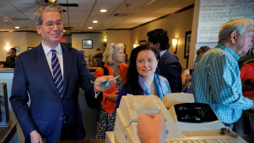 U.S. Secretary of the Treasury Scott Bessent pays his bill during a Labor Day visit to McLean Family Restaurant in McLean, Virginia, U.S., September 1, 2025. (Reuters/Brian Snyder)