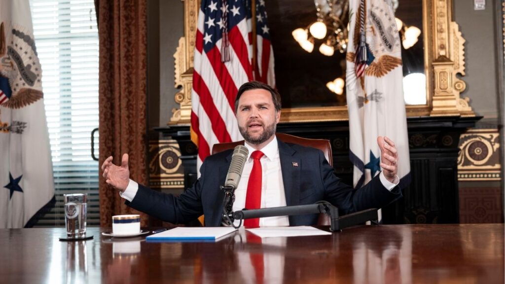 Vice President JD Vance hosts an episode of “The Charlie Kirk Show” from the White House in Washington, on Monday, Sept. 15, 2025. Trump administration officials on Monday responded to the activist Charlie Kirk’s assassination by threatening to bring the weight of the federal government down on what they alleged was a left-wing network that funds and incites violence, seizing on the killing to make broad and unsubstantiated claims about their political opponents. (Doug Mills/The New York Times)