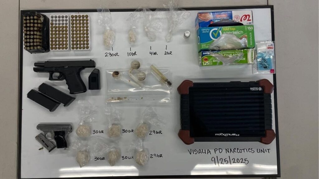 Visalia police arrested a 55-year-old man Thursday, Sept. 25, 2025, after finding a half-pound of meth, two stolen guns and an active DMT lab at a South Mendonca Street home. (Visalia PD)