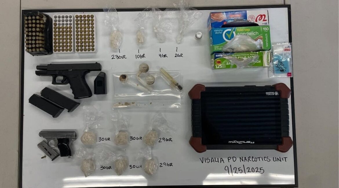Visalia police arrested a 55-year-old man Thursday, Sept. 25, 2025, after finding a half-pound of meth, two stolen guns and an active DMT lab at a South Mendonca Street home. (Visalia PD)