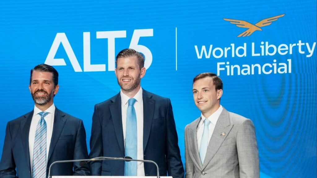 Zach Witkoff, Co-Founder and CEO of World Liberty Financial, Donald Trump Jr. and Eric Trump pose before they ring the opening bell to celebrate the closing of ALT5’s $1.5 billion offering and adoption of its $WLFI Treasury Strategy at the Nasdaq Market, in New York City, U.S., August 13, 2025. (Reuters File)