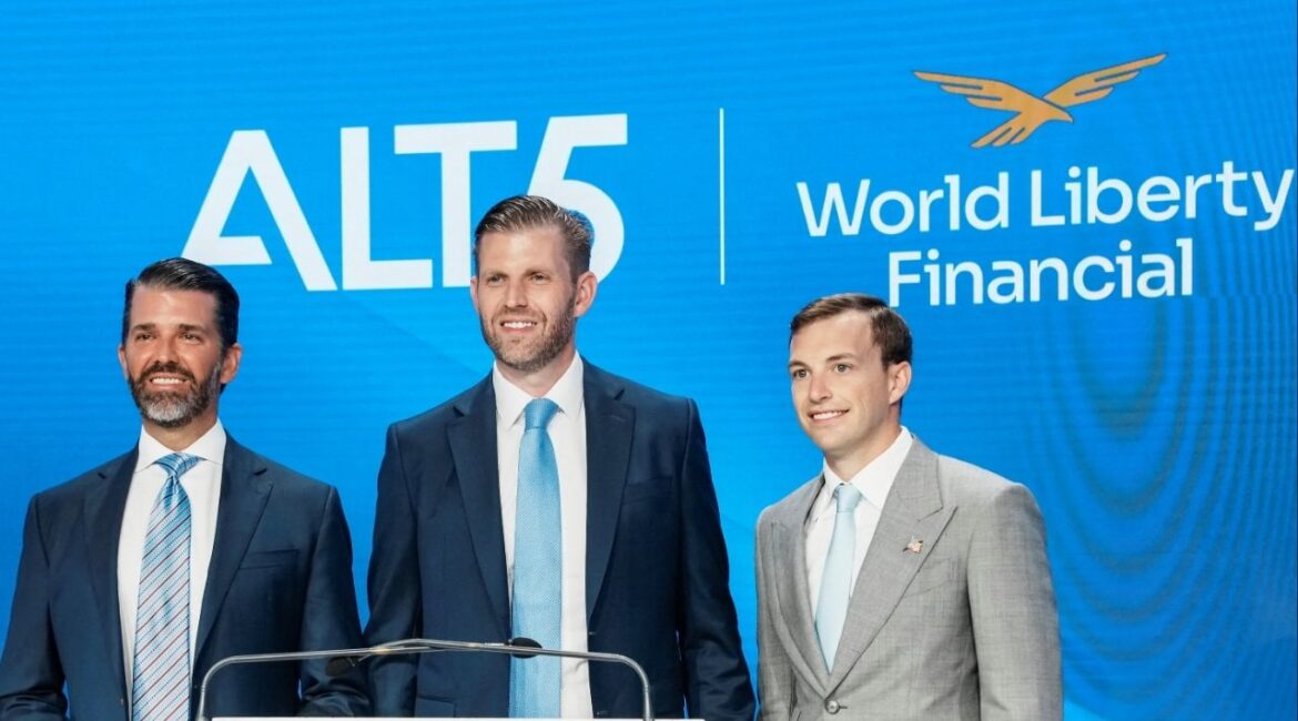Zach Witkoff, Co-Founder and CEO of World Liberty Financial, Donald Trump Jr. and Eric Trump pose before they ring the opening bell to celebrate the closing of ALT5’s $1.5 billion offering and adoption of its $WLFI Treasury Strategy at the Nasdaq Market, in New York City, U.S., August 13, 2025. (Reuters File)