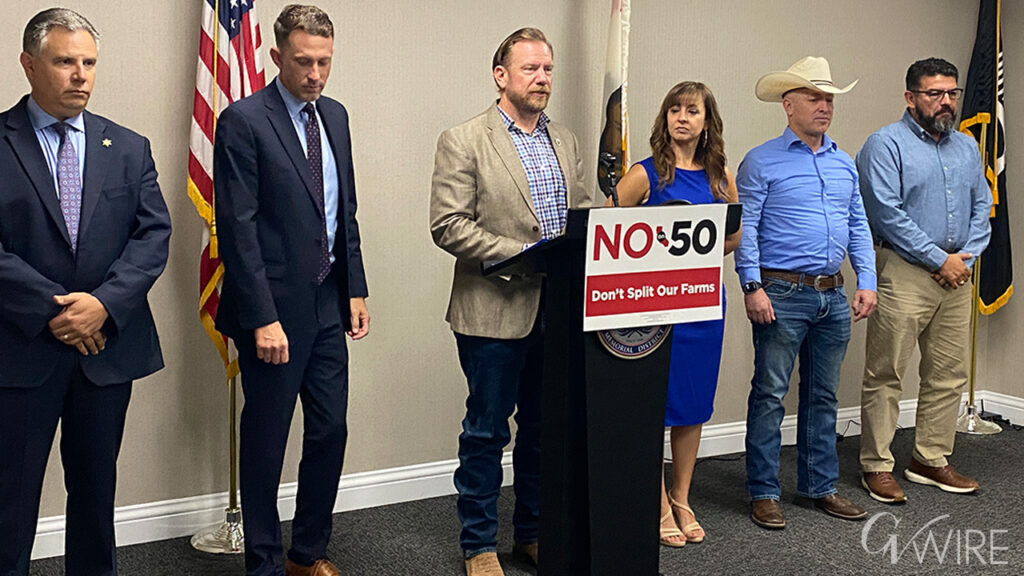 Fresno County Sheriff John Zanoni, BizFed CEO and Clovis Unified Trustee Clint Olivier, Fresno County Supervisor Nathan Magsig, Clovis City Councilmember Diane Pearce, farmer William Boudreau, and 2026 congressional candidate Lorenzo Rios speak against Prop 50 at a Sept. 10, 2025 news conference in Clovis