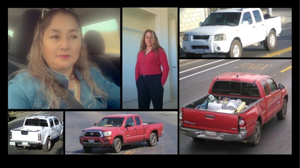 A collage photo of Isabel Lucas Velasco, 50, of Coalinga, and vehicles possibly connected to her disappearance. (Fresno County SO)