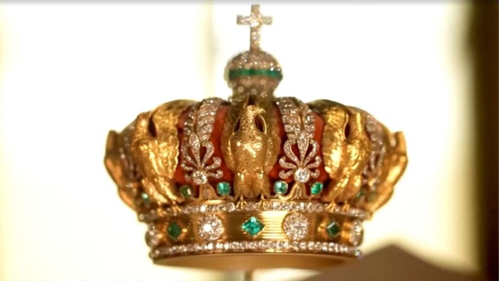 A crown worn by French Empress Eugenie, which was targeted by thieves during a heist at Paris' Louvre Museum on October 19, 2025 but was dropped during their escape, on display in this undated still frame from a video. Louvre Museum/Handout via REUTERS