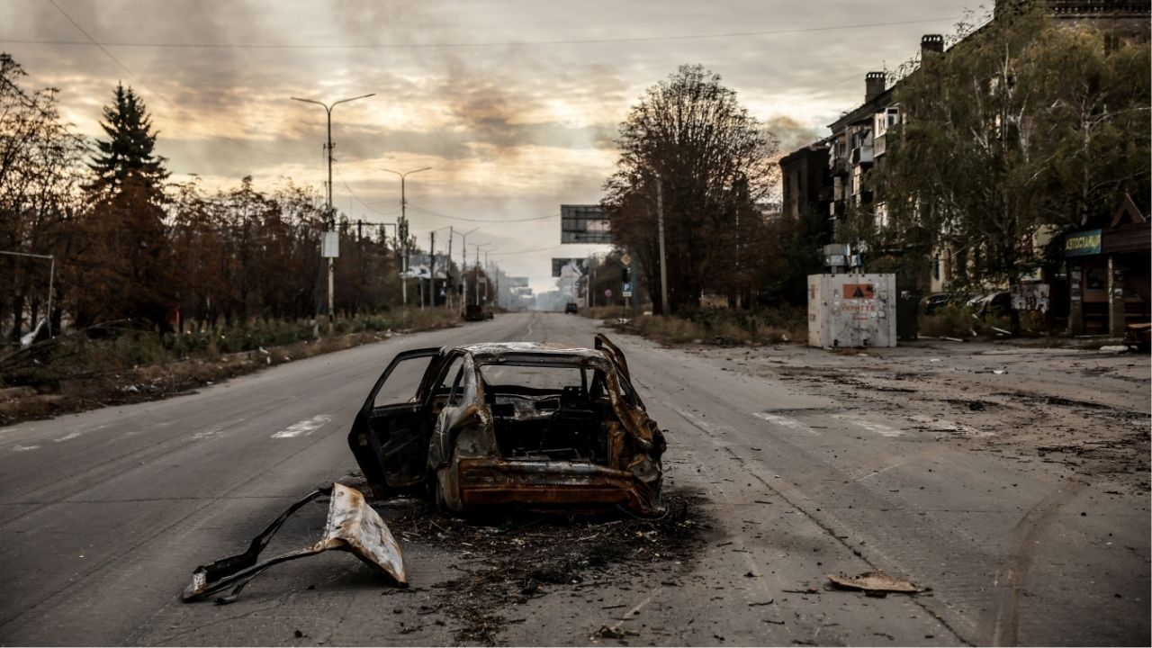 A destroyed car lies on a road near apartment buildings damaged by Russian military strike, amid Russia's attack on Ukraine, in the frontline town of Kostiantynivka in Donetsk region, Ukraine October 13, 2025. Oleg Petrasiuk/Press Service of the 24th King Danylo Separate Mechanized Brigade of the Ukrainian Armed Forces/Handout via REUTERS