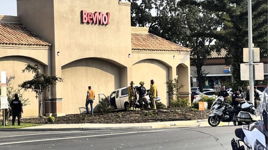 A driver was hospitalized Wednesday, Oct. 22, 2025, after suffering a medical emergency that caused their vehicle to crash into a BevMo store on Mooney Boulevard in Visalia, police said. (Visalia PD)