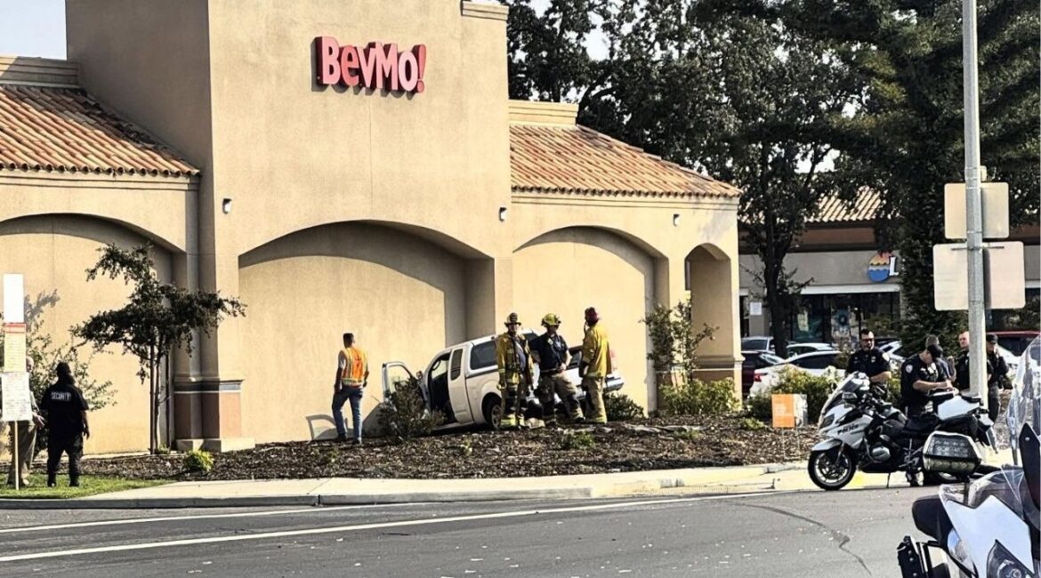 A driver was hospitalized Wednesday, Oct. 22, 2025, after suffering a medical emergency that caused their vehicle to crash into a BevMo store on Mooney Boulevard in Visalia, police said. (Visalia PD)