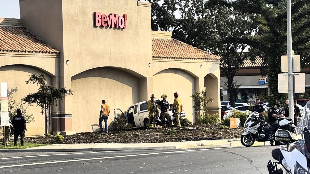 A driver was hospitalized Wednesday, Oct. 22, 2025, after suffering a medical emergency that caused their vehicle to crash into a BevMo store on Mooney Boulevard in Visalia, police said. (Visalia PD)