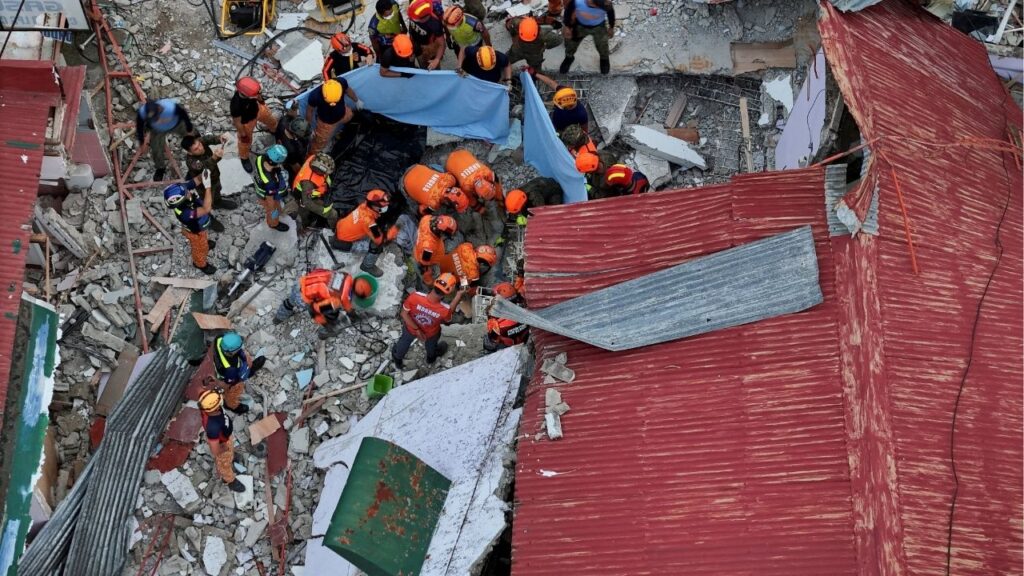 A drone view of rescue workers conducting a rescue operation at a collapsed building in the aftermath of a magnitude 6.9 quake in Bogo, Cebu, Philippines, October 1, 2025. (ReutersAdrian Portugal)