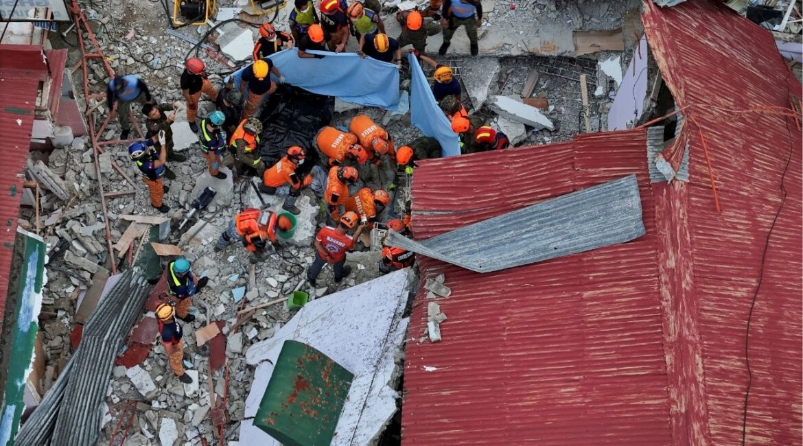 A drone view of rescue workers conducting a rescue operation at a collapsed building in the aftermath of a magnitude 6.9 quake in Bogo, Cebu, Philippines, October 1, 2025. (ReutersAdrian Portugal)