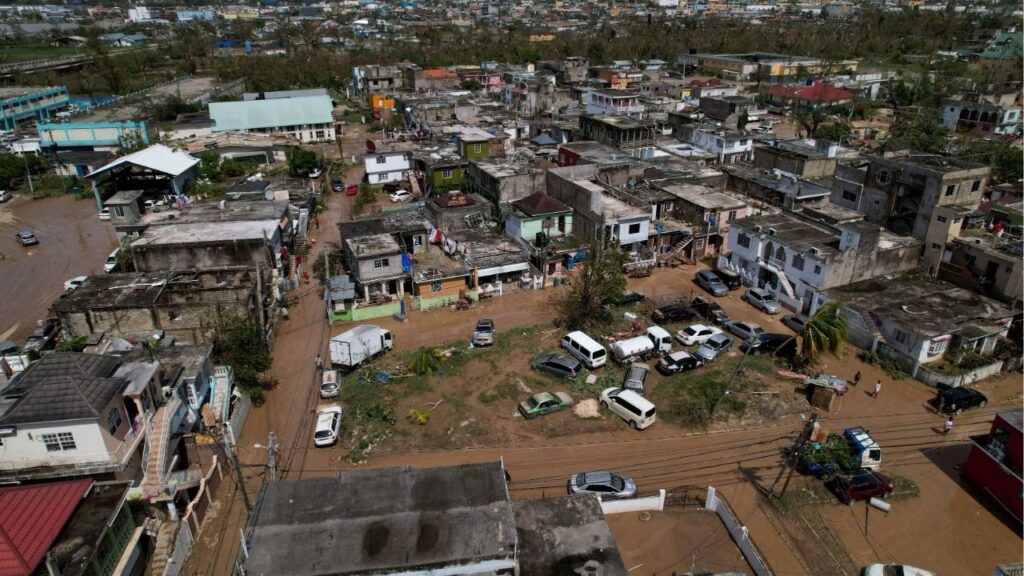 A drone view shows streets covered with mud, after Hurricane Melissa passed the Catherine Hall community in Montego Bay, Jamaica, October 29, 2025. (Reuters/Sandra Stojanovic)