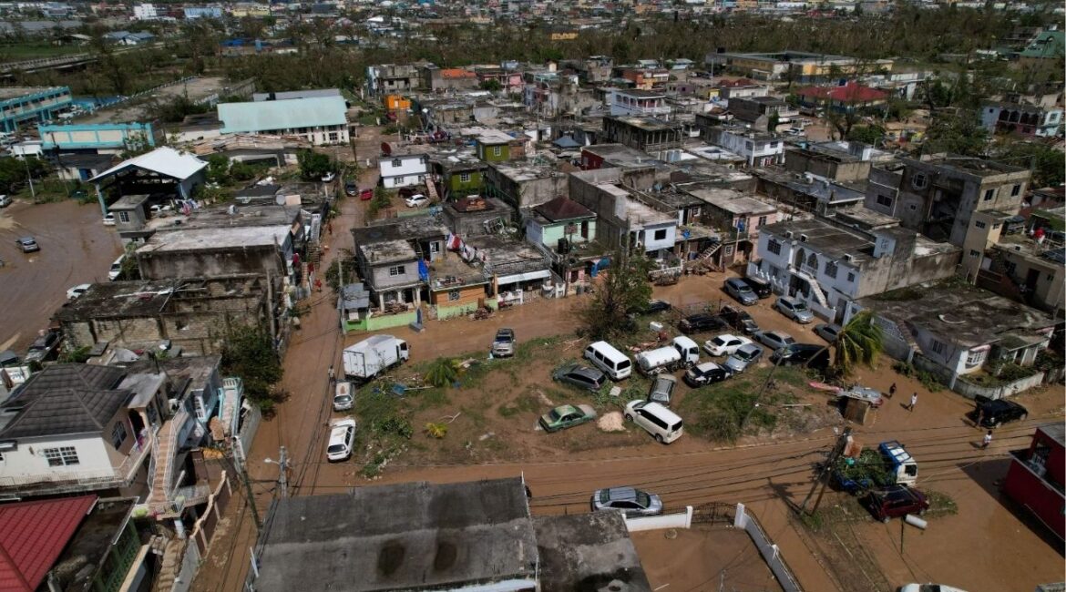 A drone view shows streets covered with mud, after Hurricane Melissa passed the Catherine Hall community in Montego Bay, Jamaica, October 29, 2025. (Reuters/Sandra Stojanovic)