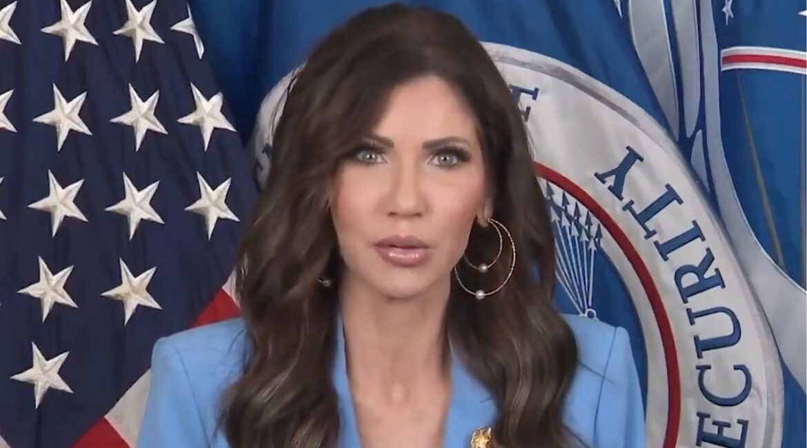 A frame from a video featuring Secretary of Homeland Security Kristi Noem, published by the Department of Homeland Security. More than a dozen airports across the country are refusing to display a video of Noem blaming Democrats for the government shutdown and any travel disruptions that may result from it. Representatives for the airports said that the video was overly partisan. (Department of Homeland Security via The New York Times)