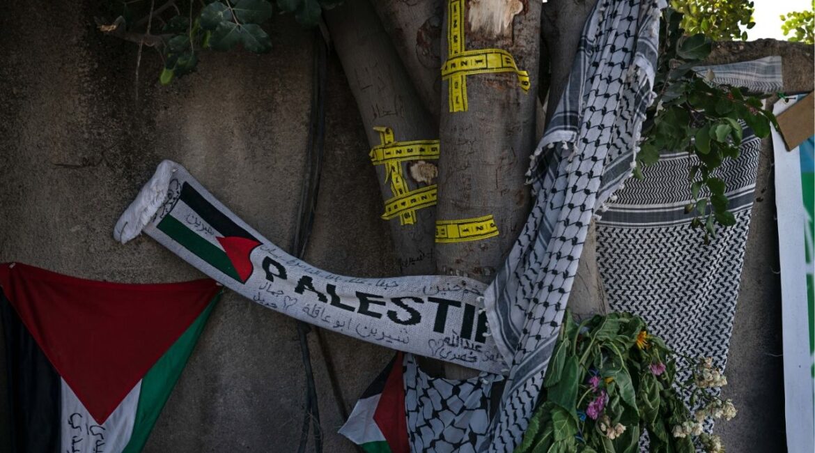 A memorial for Shireen Abu Akleh, the Palestinian American journalist for Al Jazeera, at a refugee camp in the West Bank city of Jenin, May 23, 2022. Israeli shooting of Palestinian American journalist divided U.S. officials examining the case; a U.S. colonel who investigated Shireen Abu Akleh’s death goes public with his concerns that American officials soft-pedaled findings to appease Israel. (Samar Hazboun/The New York Times)