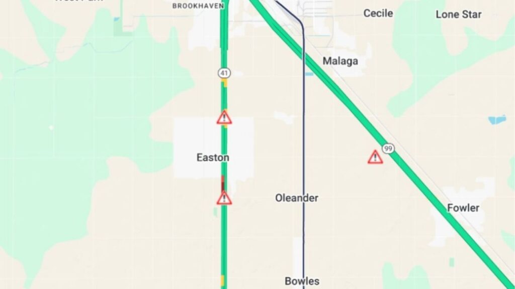 A multi-vehicle crash blocked southbound Highway 41 at Adams Avenue in Fresno County on Friday, Oct. 24, 2025, prompting traffic delays, according to Caltrans. (Caltrans)