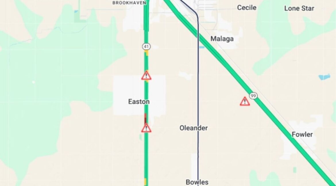 A multi-vehicle crash blocked southbound Highway 41 at Adams Avenue in Fresno County on Friday, Oct. 24, 2025, prompting traffic delays, according to Caltrans. (Caltrans)