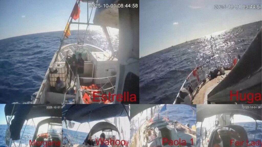 A screengrab from a video shows a multi-view screen with live-feed from global sumud flotilla boats sailing to Gaza, mid-sea, October 1, 2025. Global Sumud Flotilla via REUTERS TV