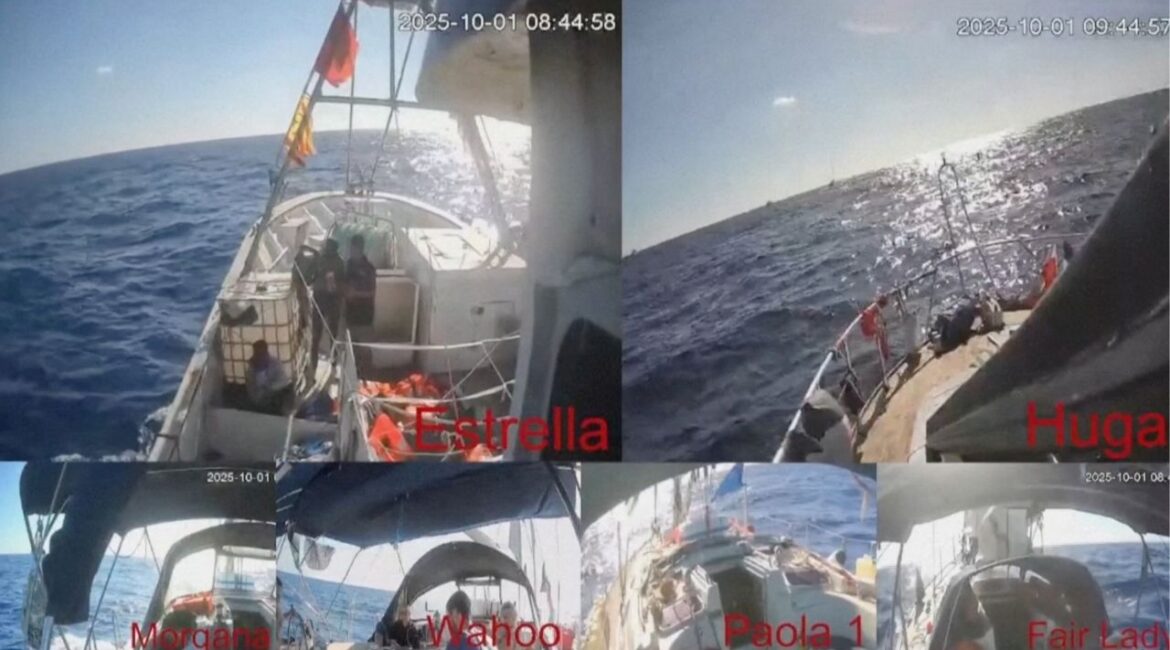 A screengrab from a video shows a multi-view screen with live-feed from global sumud flotilla boats sailing to Gaza, mid-sea, October 1, 2025. Global Sumud Flotilla via REUTERS TV
