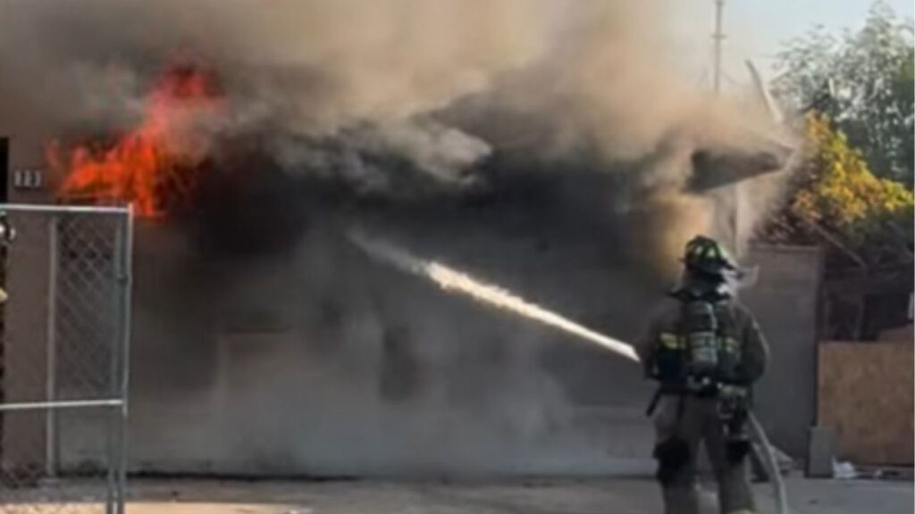 A vacant home on C Street was destroyed in a Friday, Oct. 24, 2025, morning fire in Fresno, but firefighters prevented damage to nearby homes and reported no injuries. (Fresno FD)