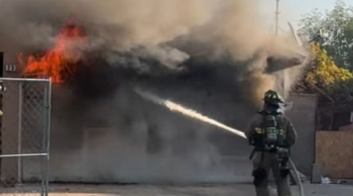 A vacant home on C Street was destroyed in a Friday, Oct. 24, 2025, morning fire in Fresno, but firefighters prevented damage to nearby homes and reported no injuries. (Fresno FD)