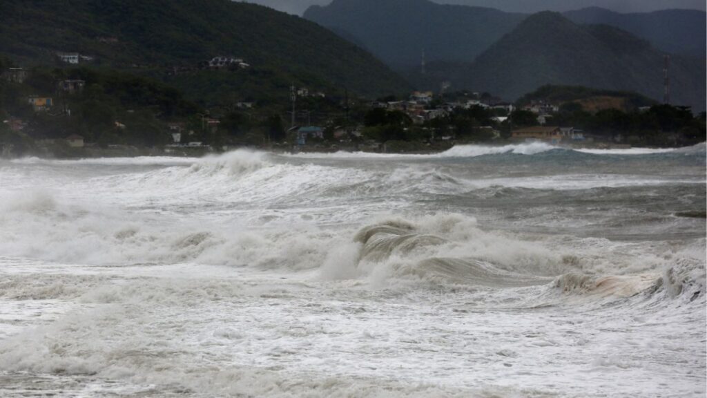 A wave crashes, as Hurricane Melissa approaches, in the Harbor View neighborhood of Kingston, Jamaica, October 27, 2025. (Reuters/Octavio Jones)