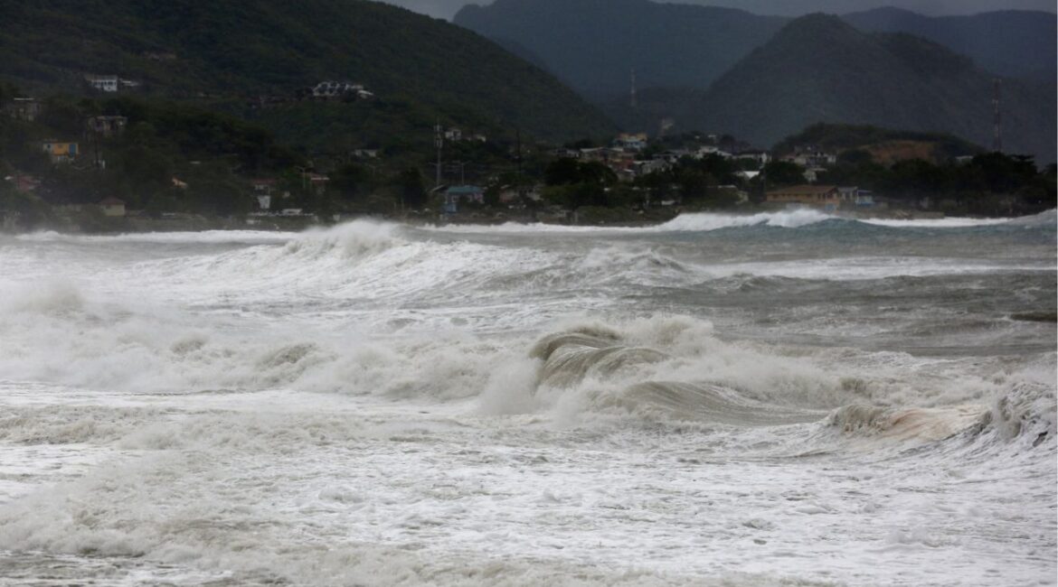 A wave crashes, as Hurricane Melissa approaches, in the Harbor View neighborhood of Kingston, Jamaica, October 27, 2025. (Reuters/Octavio Jones)
