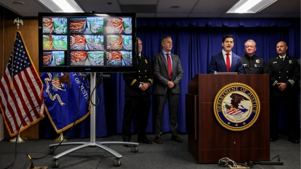 Acting United States Attorney for the Central District of California Bill Essayli announces that a Florida man has been arrested on charges that he intentionally ignited the Pacific Palisades Fire, during a press conference in Los Angeles, California, U.S. October 8, 2025. (Reuters/Daniel Cole)