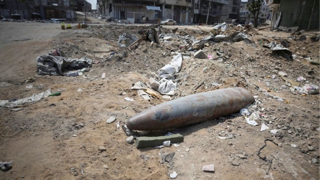 An unexploded missile fired by an Israeli aircraft lies among the rubble, amid the ongoing conflict between Israel and Hamas, in the northern Gaza Strip May 14, 2024. (Reuters/Dawoud Abu Alkas)