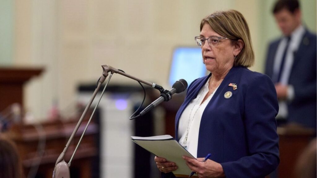 Assemblymember Cecilia Aguiar-Curry speaks to other lawmakers during an Assembly floor session at the state Capitol in Sacramento on Oct. 1, 2024. Photo by Fred Greaves for CalMatters