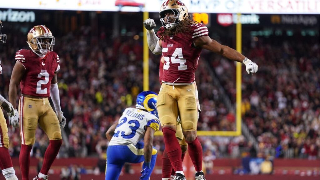 Dec 12, 2024; Santa Clara, California, USA; San Francisco 49ers linebacker Fred Warner (54) reacts after making a tackle against the Los Angeles Rams in the fourth quarter at Levi's Stadium. (Cary Edmondson-Imagn Images)