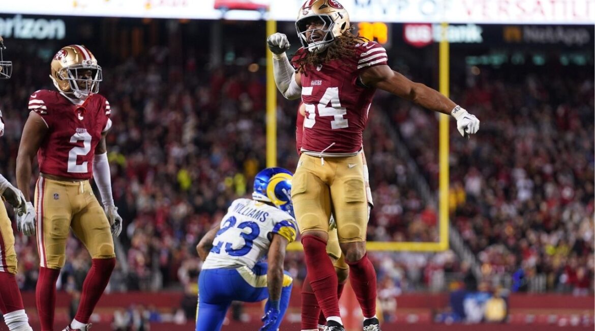 Dec 12, 2024; Santa Clara, California, USA; San Francisco 49ers linebacker Fred Warner (54) reacts after making a tackle against the Los Angeles Rams in the fourth quarter at Levi's Stadium. (Cary Edmondson-Imagn Images)