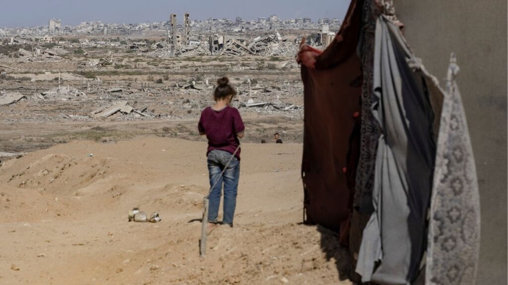 Destroyed buildings in the Nuseirat camp in the Gaza Strip, on Monday, Oct. 6, 2025. Though significant issues remain to be hashed out between Israel and Hamas, some are saying that after two years of death and destruction, a breakthrough may be near. (Saher Alghorra/The New York Times)