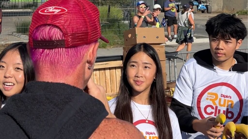Diplo walks around after finishing the 5K for Diplo's Run Club in Los Angeles, interviewing the volunteers on Sunday, Oct. 12, 2025. (GV Wire)