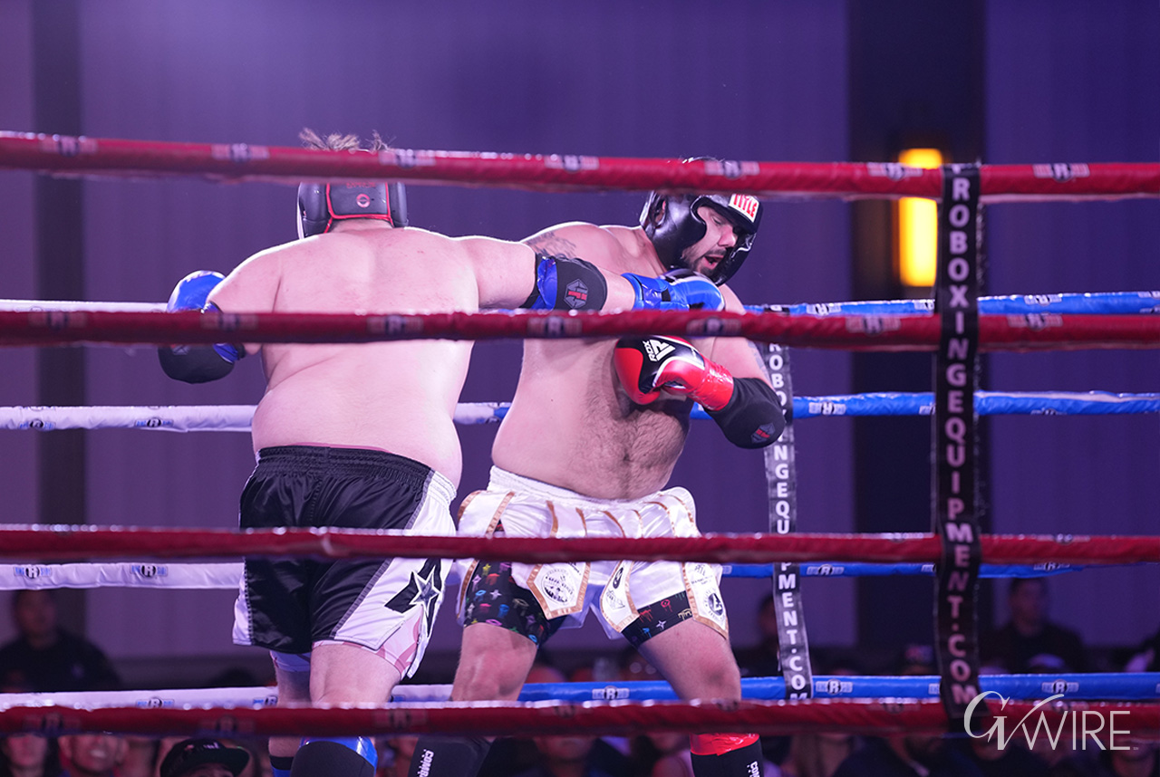 Fares Alshanaa, fighting out of Eric Nolan's XTreme Training Center in Bakersfield, lands a blow against Carlos Covian, fighting out of Crisp MMA in Visalia, in the 235-pound Muay Thai title elimination fight at Valley Fight Series 21 on Saturday, Sept. 25 2025.