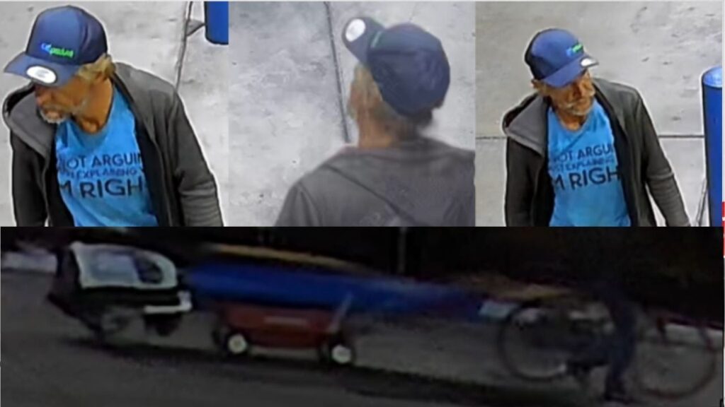 Fresno police are seeking a suspect seen riding a bike with a tent who burglarized a Pinedale gas station on Sunday, Oct. 12, 2025. (Fresno PD)